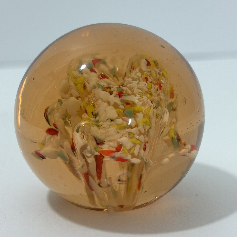 Vintage Confetti Paperweight Floral Bubble Art Glass Hand Blown Ball Shaped - Picture 2 of 3